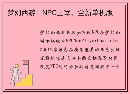 梦幻西游：NPC主宰，全新单机版
